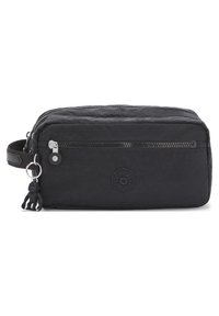 Black nylon cosmetic bag with a rectangular shape, top zip closure, external zip pocket, rubber monkey keychain, and logo detail.