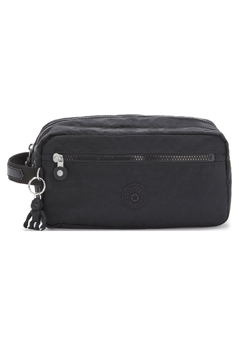 Black nylon cosmetic bag with a rectangular shape, top zip closure, external zip pocket, rubber monkey keychain, and logo detail.