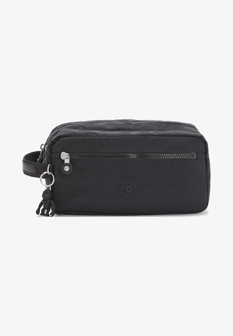 Borsa cosmetica nera in nylon di forma rettangolare, con chiusura superiore a zip, tasca esterna con zip, portachiavi a forma di scimmia in gomma e dettaglio del logo.