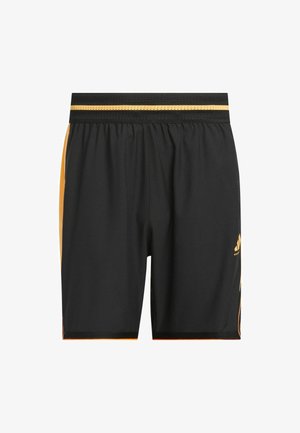 Shorts sportivi neri con dettagli gialli, dotati di una cintura in rete, pannelli laterali e un logo sulla parte bassa della gamba destra. Materiale morbido e leggero.