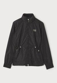 Svart lättviktsjacka med dragkedja, elastiska muddar, justerbara midjesnören och EA7-logotyp på vänster bröst.