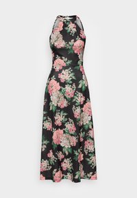 Vestido maxi floral com fundo preto, apresentando grandes flores em tons de rosa e creme, design de halterneck e saia fluida. Textura de tecido suave.