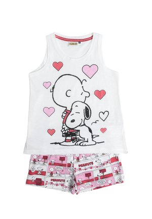 Conjunto infantil de camiseta sin mangas blanca y pantalones cortos con los personajes de Peanuts, Charlie Brown y Snoopy abrazándose con corazones rosas y rojos.