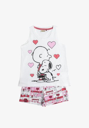 Conjunto infantil de camiseta sin mangas blanca y pantalones cortos con los personajes de Peanuts, Charlie Brown y Snoopy abrazándose con corazones rosas y rojos.
