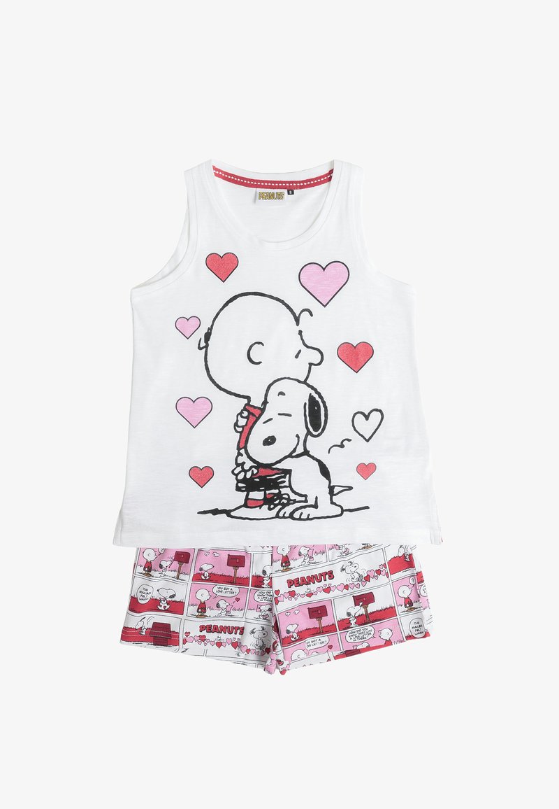Conjunto infantil de camiseta sin mangas blanca y pantalones cortos con los personajes de Peanuts, Charlie Brown y Snoopy abrazándose con corazones rosas y rojos.
