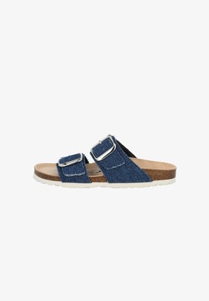 Denim sandalen met twee banden en zilveren gespen, kurken voetbed en witte rubberen zool. Kenmerkt zich door blauwe stof en stiksels.