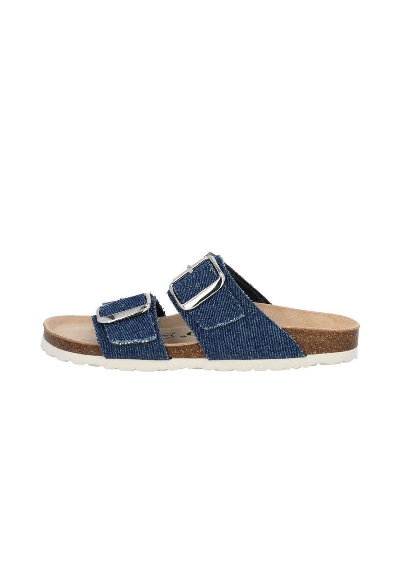 Denim sandalen met twee banden en zilveren gespen, kurken voetbed en witte rubberen zool. Kenmerkt zich door blauwe stof en stiksels.