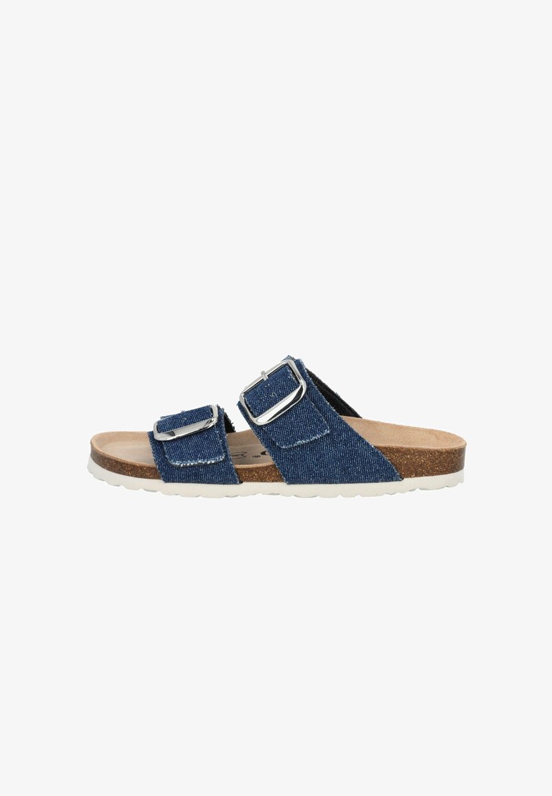 Denim sandalen met twee banden en zilveren gespen, kurken voetbed en witte rubberen zool. Kenmerkt zich door blauwe stof en stiksels.