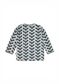 Camicia a maniche lunghe con sfondo avorio e stampa ripetuta di pipistrelli navy, con collo e polsini grigi. Texture in morbido cotone.