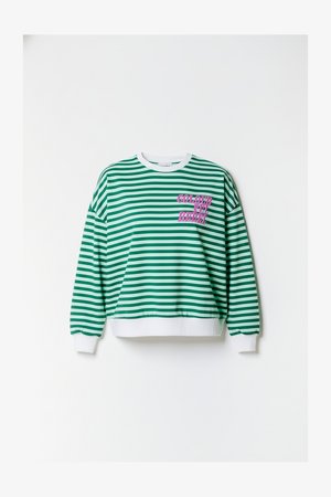 Roheline ja valge triibuline dressipluus lõdva lõikega, valgete mansettide ja äärega, ees roosade tähtedega trükitud "COLORFUL REBEL".