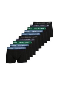 Schwarze Boxershorts mit kontrastierenden elastischen Taillenbändern in verschiedenen Farben, wobei das "JACK & JONES"-Logo deutlich auf jedem Band angebracht ist.
