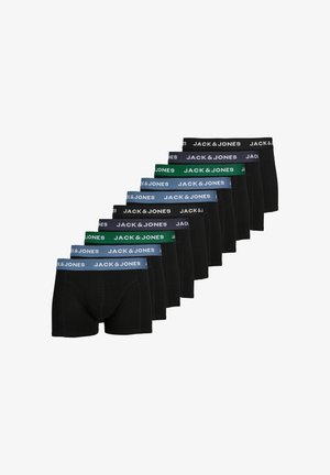 Schwarze Boxershorts mit kontrastierenden elastischen Taillenbändern in verschiedenen Farben, wobei das "JACK & JONES"-Logo deutlich auf jedem Band angebracht ist.