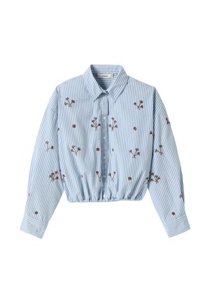 Chemise courte bleu clair à boutons, avec des rayures blanches verticales et une petite broderie florale marron dispersée sur le tissu.