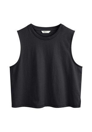 Zwarte mouwloze cropped tanktop met ronde hals en zijsplitten, maat small, eenvoudig ontwerp.