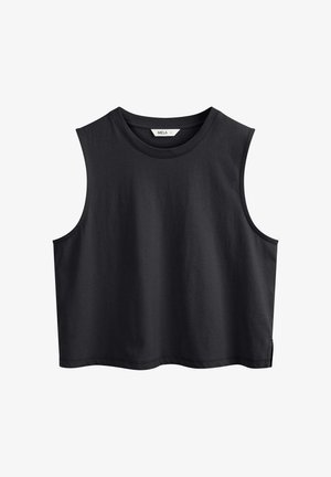 Zwarte mouwloze cropped tanktop met ronde hals en zijsplitten, maat small, eenvoudig ontwerp.