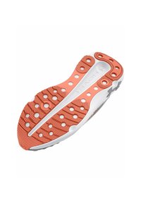 Sport shoe sole in white and coral, featuring textured patterns, circular cutouts, and a streamlined shape for grip and flexibility.