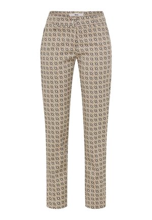 Trousers featuring a geometric pattern with squares in beige, brown, and grey tones. Made of lightweight material with a slim fit design.