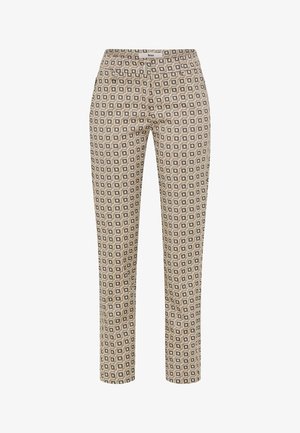 Pantalons avec un motif géométrique composé de carrés dans des tons beiges, bruns et gris. Fabriqués en matériau léger avec un design ajusté.