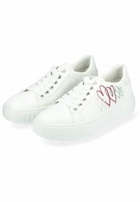 Zapatillas de cuero blancas con una suela texturizada, que presentan formas de corazones en rojo, verde y azul en el lateral y un clásico diseño de cordones.