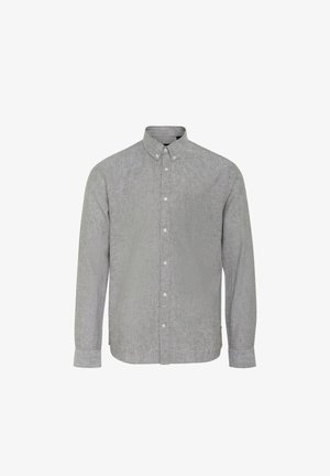 Sivá košeľa s dlhými rukávmi, vyrobená z textúrovaného materiálu, s golierom a zapínaním na päť gombíkov vpredu.