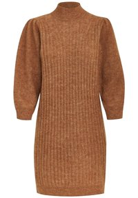 Robe-pull en maille côtelée marron avec manches longues bouffantes et col montant.
