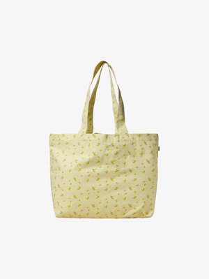 Lichtgele totebag met kleine gele bloemenprint en twee lange schouderbanden op een witte achtergrond.