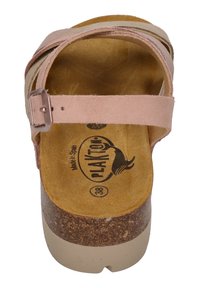 Pink suede sandal with a cork footbed, adjustable strap, and soft texture. Features a flat, light-colored sole and branded insole.