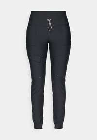 Sorte treningsbukser med høy midje, snøring i livet og flere sidelommer med sømdetaljer og figursydd design.