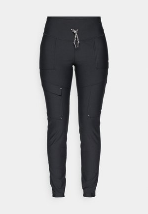 Zwarte sportlegging met een hoge tailleband, een trekkoordsluiting en meerdere zijzakken met gestikte details en een slim fit design.