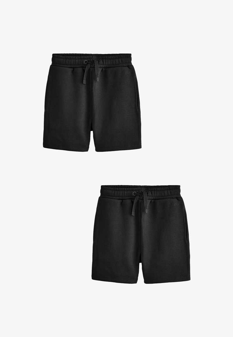 Zwarte sportshorts met een drawstring tailleband, gemaakt van zachte stof, met twee zijzakken en een ontspannen pasvorm.