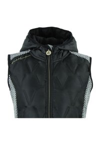 Zwarte puffer vest met capuchon, voorzien van een ritssluiting, gedurfde V-structuur en houndstooth-zijkanten. Gouden hardwaredetails.