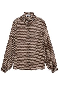 Blouse à motifs marron avec manches longues, col haut et fermeture boutonnée sur le devant. Le tissu présente un motif géométrique avec des nuances variées.