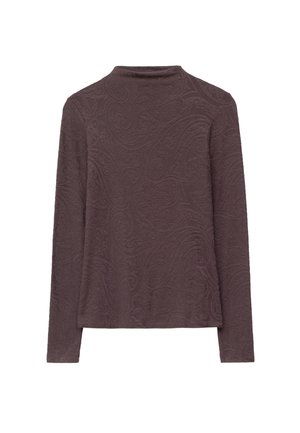 Langärmliges Oberteil in Dunkelbraun mit strukturiertem Paisleymuster. Merkmale einen hohen Kragen und eine lockere Passform. Weicher Stoff mit einem dezenten Glanz.