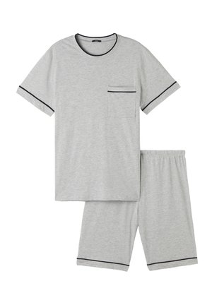 Szara piżama z krótkim rękawem z miękkiego materiału, z kieszonką na koszulce i czarnym wykończeniem rękawów oraz spodenek. Elastyczny pas na gumce.