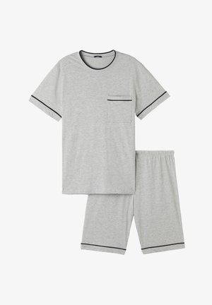 Szara piżama z krótkim rękawem z miękkiego materiału, z kieszonką na koszulce i czarnym wykończeniem rękawów oraz spodenek. Elastyczny pas na gumce.