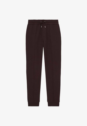 Dunkelbraune Jogginghose aus weichem Stoff, mit einem elastischen Bund mit Kordelzug, seitlichen Taschen und schmal zulaufenden Bündchen.