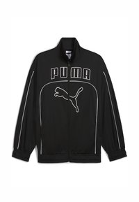 Sorte zip-up jakke lavet af letvægtsstof, prydet med et hvidt PUMA-logo på brystet og hvid piping langs siderne og manchetterne.