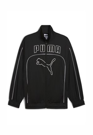Zwarte ritsjack van lichtgewicht stof, met een witte PUMA-logo op de borst en witte bies langs de zijkanten en boorden.