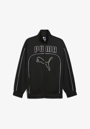 Schwarze Zip-Jacke aus leichtem Stoff, mit einem weißen PUMA-Logo auf der Brust und weißen Paspeln an den Seiten und Bündchen.