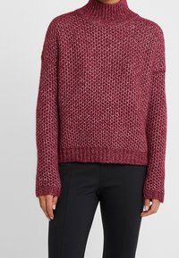 Maglione lavorato a maglia color maroon con colletto alto, motivo testurizzato e maniche lunghe. Orlo e polsini a coste, progettato per una vestibilità comoda.