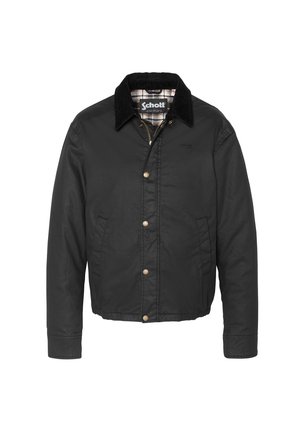 Veste noire avec col en velours côtelé, boutons sur le devant, fermeture éclair, deux poches latérales et doublure intérieure à carreaux.