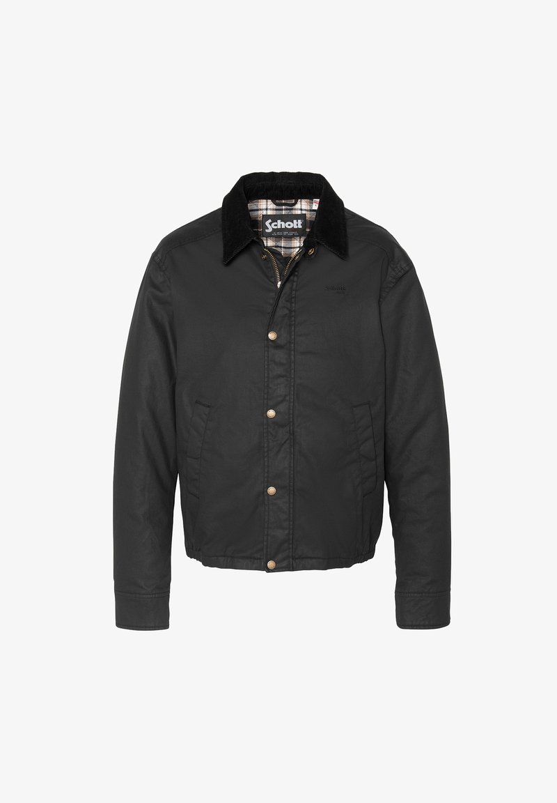Veste noire avec col en velours côtelé, boutons sur le devant, fermeture éclair, deux poches latérales et doublure intérieure à carreaux.