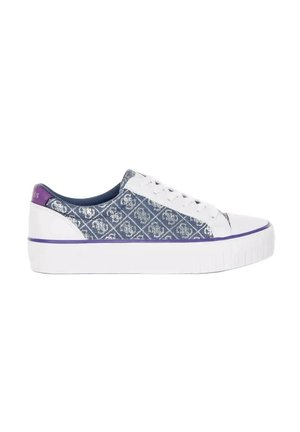 Low-top sneaker with white sole and toe, blue patterned fabric sides, white laces, and purple trim on heel and sole edge.