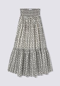 Gonna a righe in bianco e nero con vita smock, orlo a rouches a più strati, realizzata in tessuto leggero e con disegni simili a foglie.