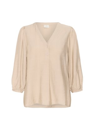 Beige V-necktopp med trekvartslange pufferm, teksturert stoff, og tre knapper foran, med en løs og flytende design.