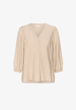 Beige színű, V-nyakú blúz háromnegyedes puffos ujjakkal, texturált anyagból, elöl három gombbal, laza, légies fazonnal.