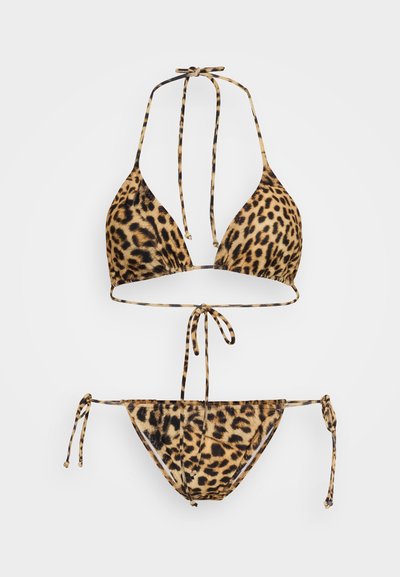 Leopard print bikini set featuring a triangular top with ties and a matching bottom with side ties. Made of smooth fabric with a soft texture.