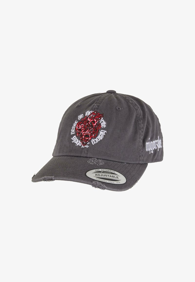 Dark gray adjustable baseball cap with red flaming skull embroidery and white gothic text around the skull and on the side.