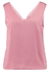 Sleeveless pink top with V-neckline trimmed in pink lace, made of soft, lightweight fabric.