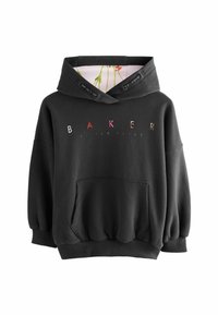 Felpa nera con cappuccio, caratterizzata da una tasca frontale e maniche oversize. Fodera interna con motivo floreale. Logo "BAKER" in testo colorato.